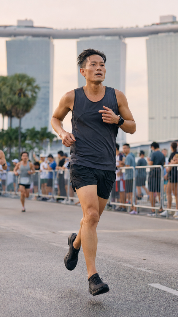 A male runner in a black tank top and black shorts running on a city street with spectators and the Marina Bay Sands visible in the background.