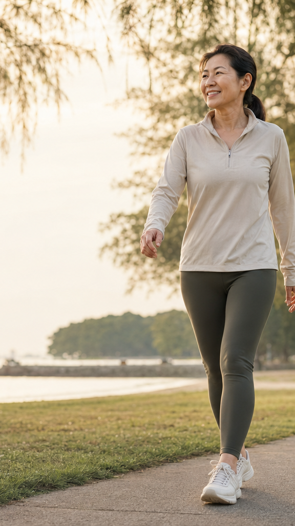 A woman walking on a paved path in a park near the water during golden hour, wearing a light beige long-sleeve athletic top, dark gray leggings, and white sneakers.