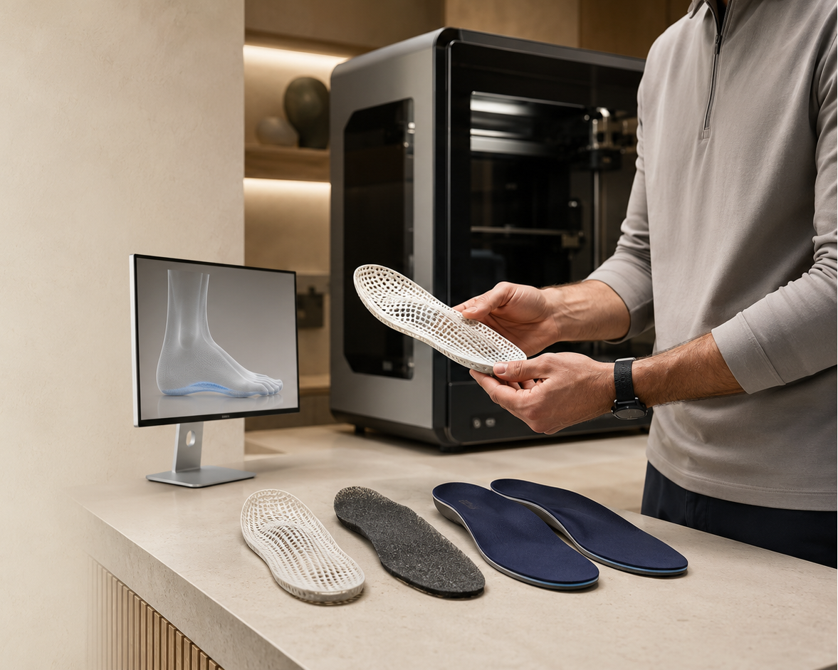 A person holds a white insole while standing beside a countertop with a monitor showing a foot-shaped design, several fabric insoles, and a black 3D printer in a modern indoor setting.