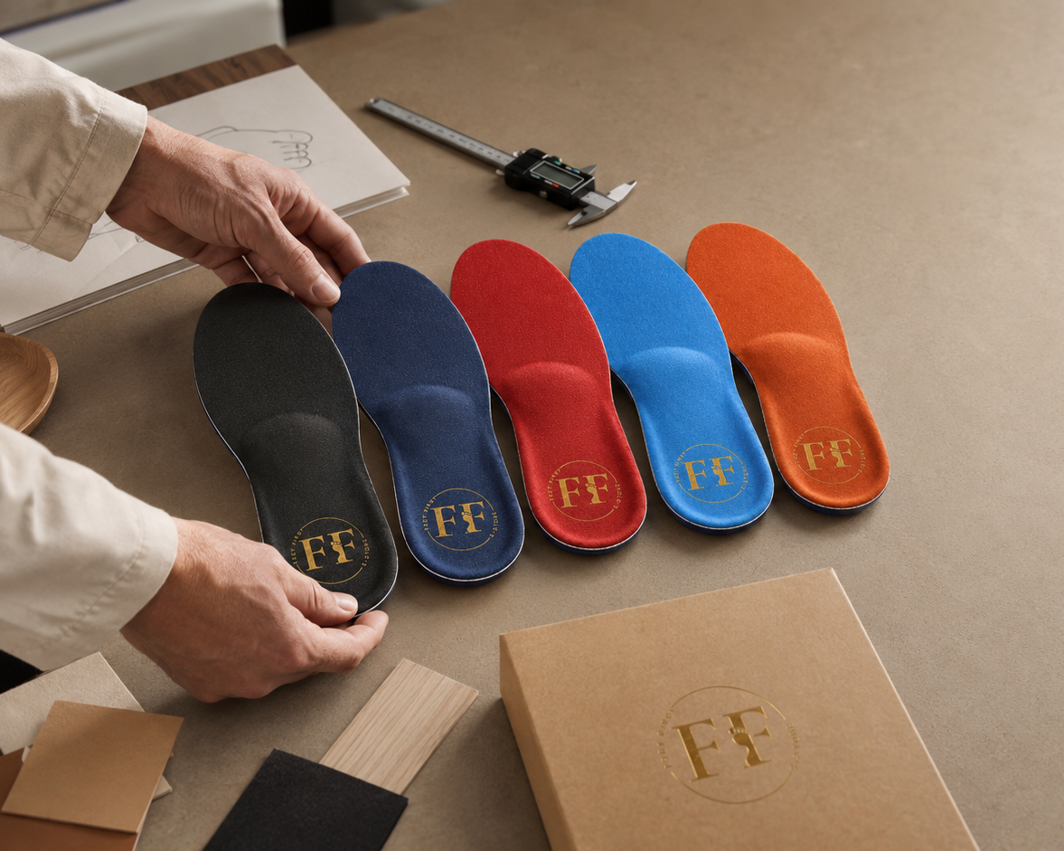 Four custom orthopedic shoe insoles in black, navy, red, and blue are displayed on a beige workbench next to a person's hands, with a brown branded box and a caliper nearby. The insoles feature the gold 'FF' logo.