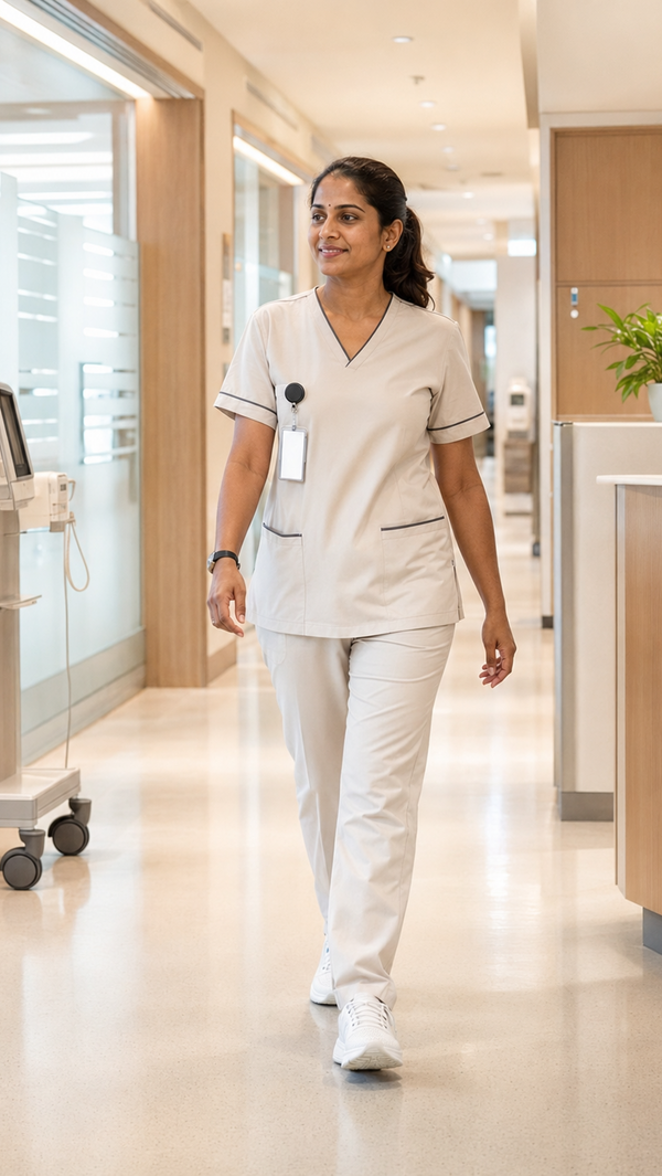 A woman in light beige medical scrubs walks down a brightly lit hospital hallway. The scrubs consist of a short-sleeve V-neck top with dark piping and matching straight-leg pants.