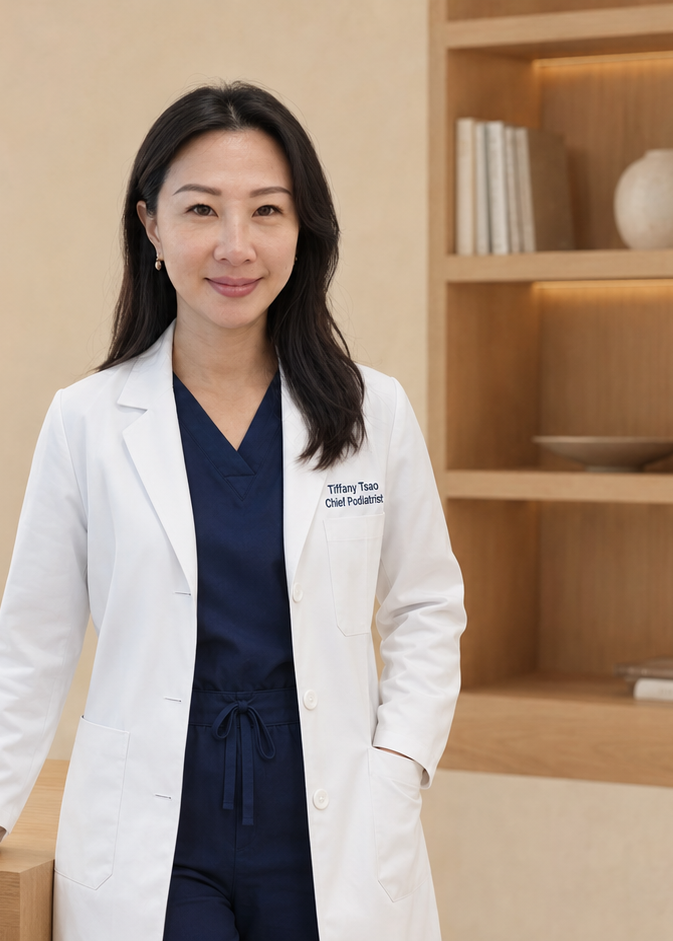 A woman wearing a white medical lab coat over navy blue scrubs stands in a bright, modern office setting with a wooden desk, shelves, and a small potted plant.