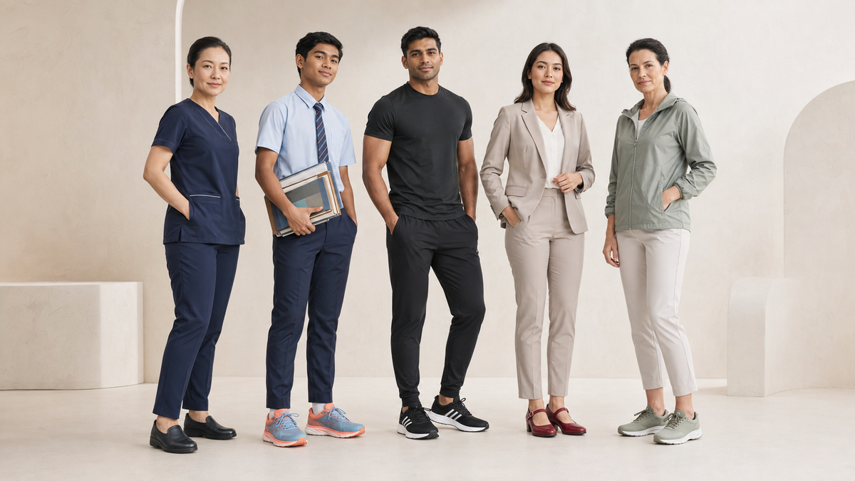Five people standing in a studio wearing different professional apparel sets, including medical scrubs, a light blue shirt with a tie, a black t-shirt, a beige blazer, and a sage green zip-up top.